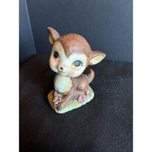 Vintage Adorable Baby Deer Fawn Figure Ceramic Flowers Big Eyed 1970’s